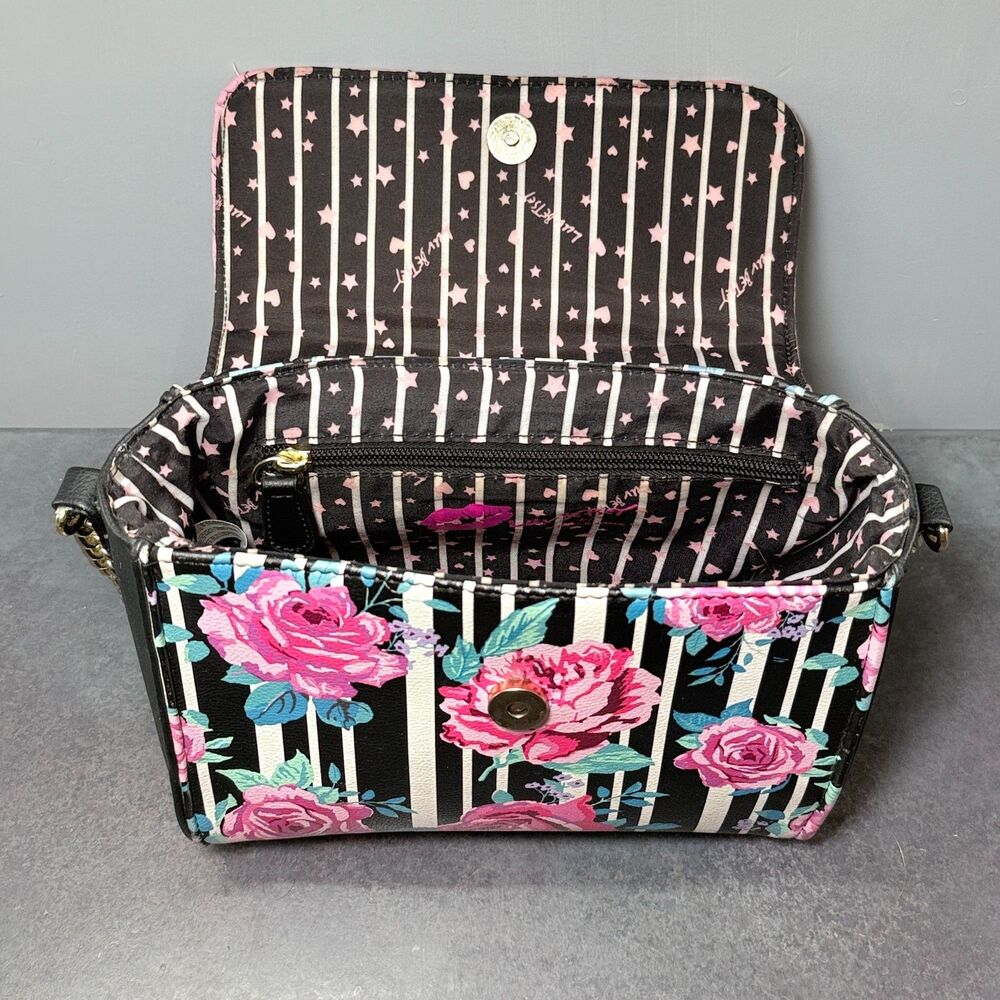 Love Betsey by Betsey Johnson Floral Stripe Crossbody Satchel Pink Chevon Handle - Picture 7 of 12